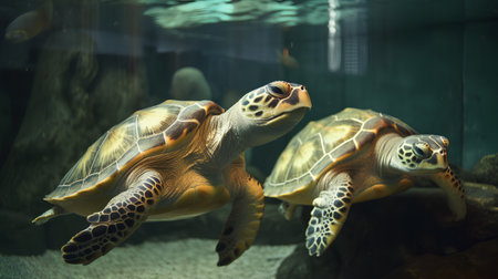 Turtles in the aquarium. Sea turtle swimming in the water.の素材
