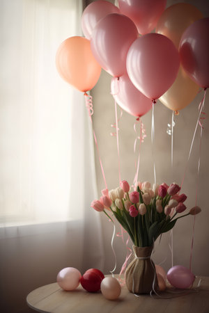 Bouquet of tulips in vase and pink balloons on wooden tableの素材