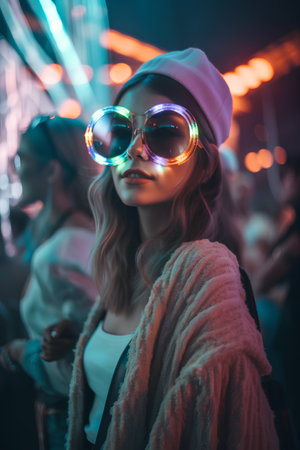 Beautiful young woman in a pink hat and sunglasses on the background of a night club.の素材