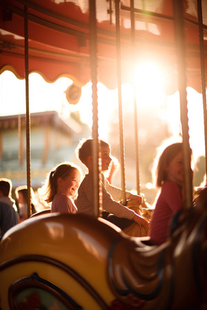 Cute little girls riding on carousel in amusement park at sunsetの素材