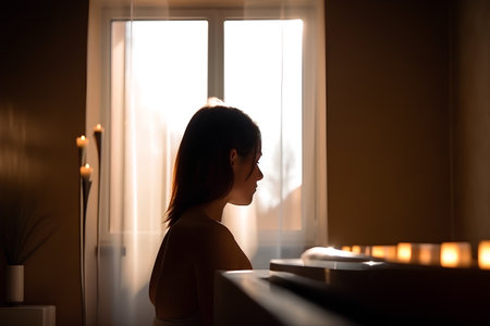 Young woman standing in bathroom, looking out the window. Side view.の素材