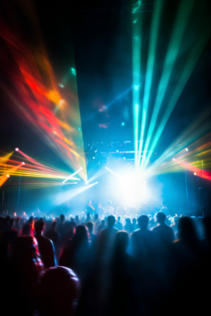 Concert crowd in front of a bright stage with lights and smokeの素材