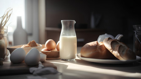 Bread, eggs and milk on the table in the kitchen.の素材