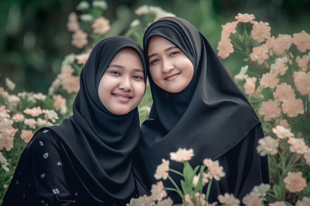Portrait of two muslim girls wearing hijab in the garden.の素材