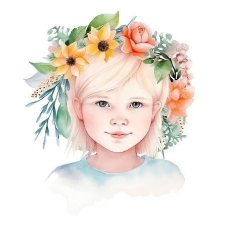 Watercolor portrait of a cute girl with flowers in her hair.の素材