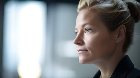 Portrait of a beautiful businesswoman standing in office, looking awayの素材