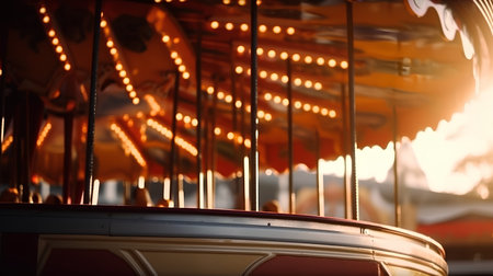Carousel in amusement park at sunset, close-up. Motion blurの素材