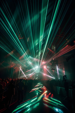 colorful laser show in the night club with people on the stageの素材
