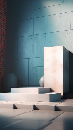 3d render, abstract background, empty space, modern design, white marble stairs, brick wallの素材