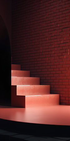 Red stairs on a brick wall background. 3d render. Mock up.の素材