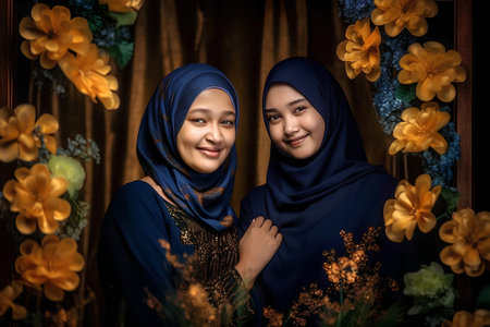 Two beautiful muslim women wearing hijab with yellow flowers in the backgroundの素材