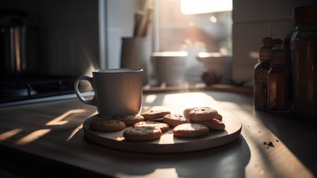 Cup of coffee and cookies on a wooden table in the kitchenの素材