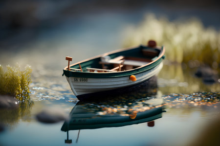 Fishing boat on the lake in the morning light. Selective focus.の素材