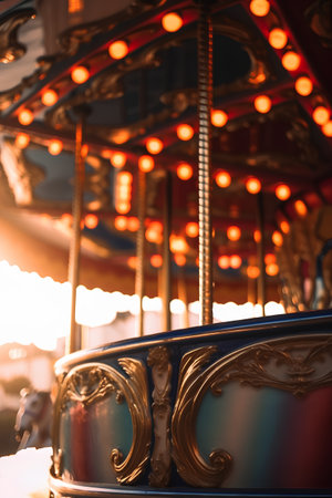 Carousel at a fairground in the evening, close-upの素材