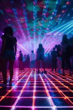 Group of young people dancing in night club with colorful laser lights.の素材