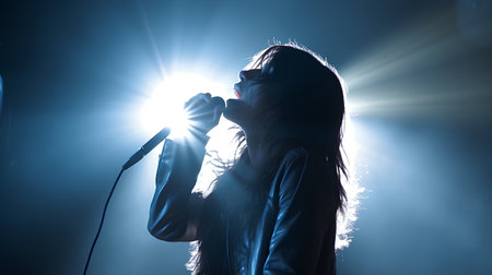 Young woman singing into a microphone on a dark background with rays of lightの素材