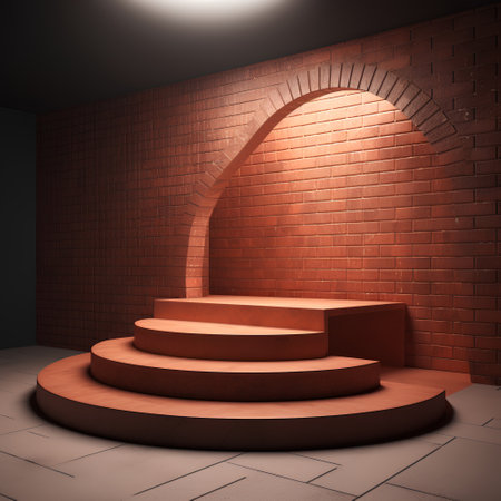 3d render of podium with arch and brick wall in dark roomの素材