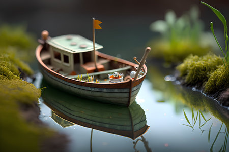 Boat on the water. Miniature model of fishing boat.の素材