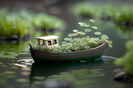 Miniature model of a boat with plant in the water, selective focusの素材