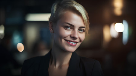 Portrait of a beautiful young businesswoman smiling in a cafe.の素材