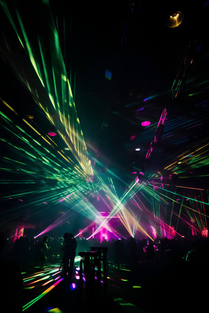 colorful laser show in the night club with people on the stageの素材