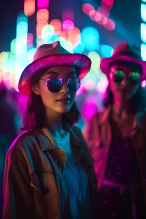 Portrait of a beautiful young woman in a hat and sunglasses on the background of the night city.の素材