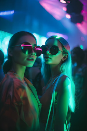 Portrait of two beautiful young women in sunglasses looking at camera while standing in night clubの素材