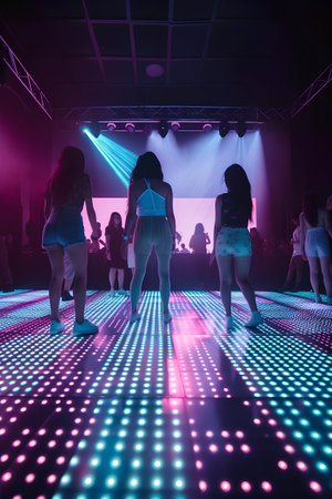 Young people dancing in the night club with bright laser rays on the stageの素材