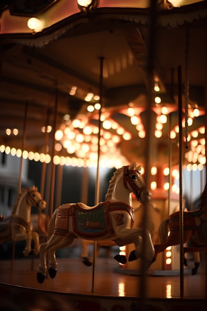 Carousel horse in amusement park at night, shallow depth of fieldの素材