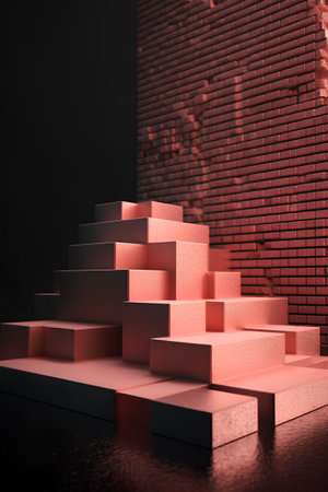 3d rendering of abstract geometric shapes in dark room with red brick wallの素材