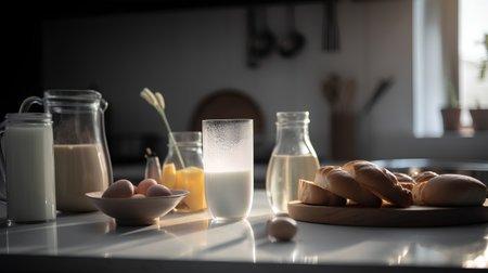 Milk, eggs and bread on the table in the kitchen.の素材