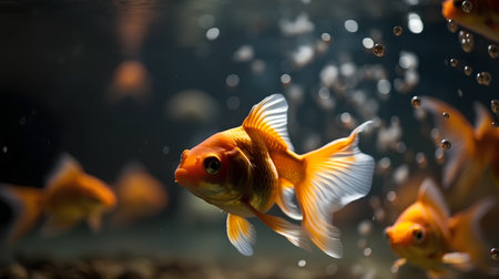 Goldfish swimming in an aquarium with water droplets on it.の素材
