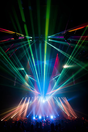 Concert crowd in front of a bright stage with rays of lightの素材