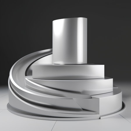 3d render of white podium with silver elements on a gray backgroundの素材