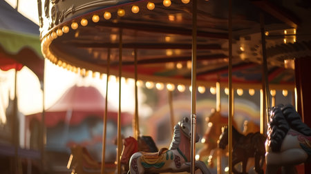 Carousel at the amusement park in the evening. Selective focusの素材