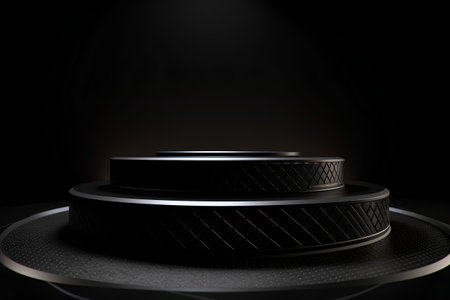 Black podium on a black background. 3d rendering, 3d illustration.の素材