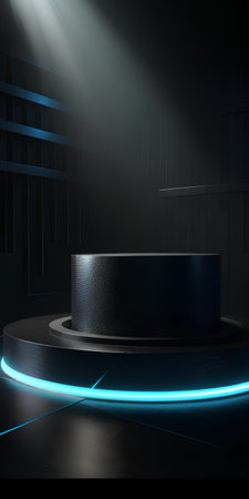 3d render, abstract background, black podium with blue neon lightsの素材