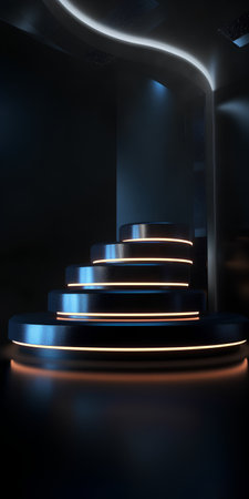 Podium, pedestal or platform illuminated by neon lights. 3D renderingの素材