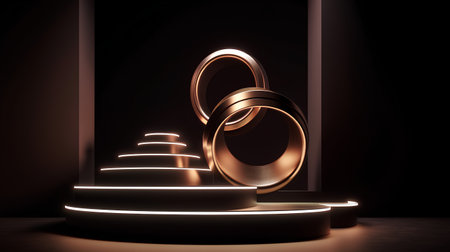 3d render of podium with glowing neon lights. Abstract background.の素材