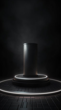 3d rendering of a black podium with a spotlight in the darkの素材