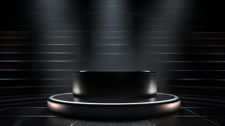 Black pedestal with spotlights on dark background. 3d renderの素材