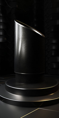 3d rendering of black metal pedestal in dark studio with golden lightsの素材