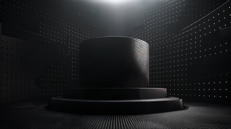 3d render of black podium in dark room with lights and reflectionsの素材