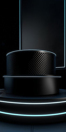Black pedestal with blue neon light on black background. 3d renderingの素材