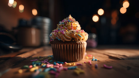 Birthday cupcake with colorful sprinkles on wooden table, closeupの素材