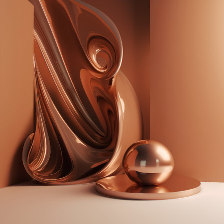 3d render of abstract background with brown waves and golden ball.の素材