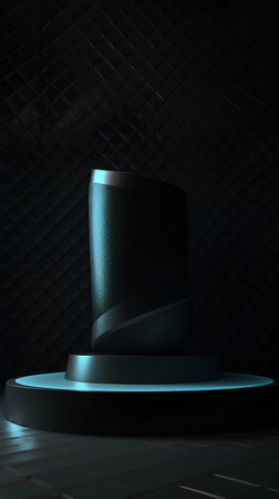3d render of blue pedestal on dark background. Abstract minimal scene with podium.の素材