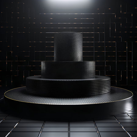 Black podium in the dark room. 3d rendering mock up.の素材