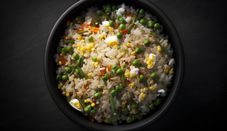 Fried rice with vegetables in a bowl on a black background.の素材