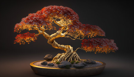 3d render of bonsai tree in pot on dark backgroundの素材